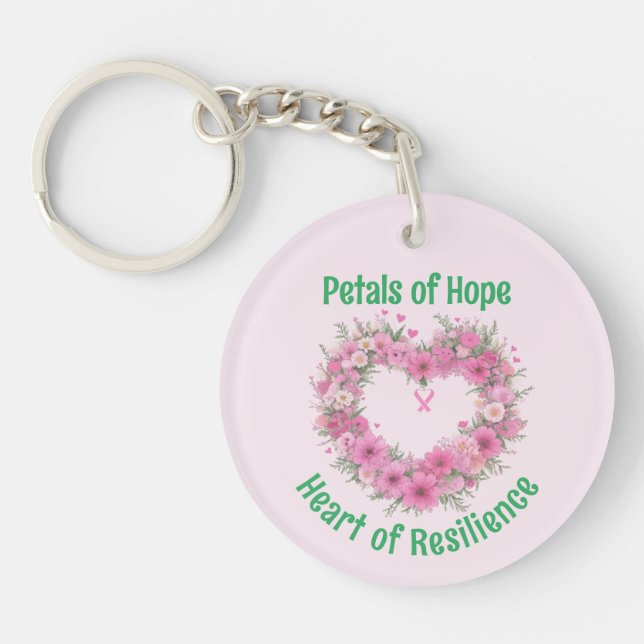 Breast Cancer Awareness Floral Heart Acrylic Key Ring (Front)