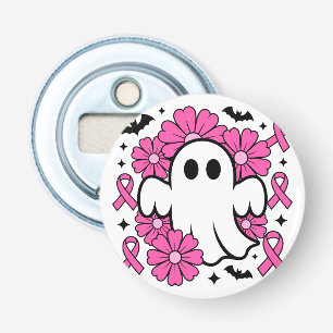 Breast Cancer Awareness Ghost with Pink Flowers Bottle Opener