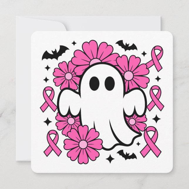 Breast Cancer Awareness Ghost with Pink Flowers Invitation (Front)