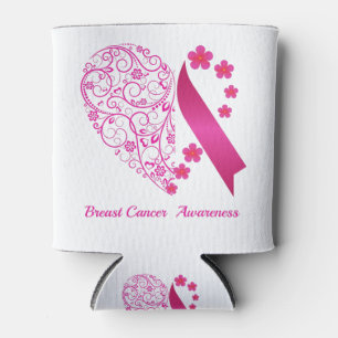 Breast Cancer Awareness Heart Floral Pink ribbon Can Cooler