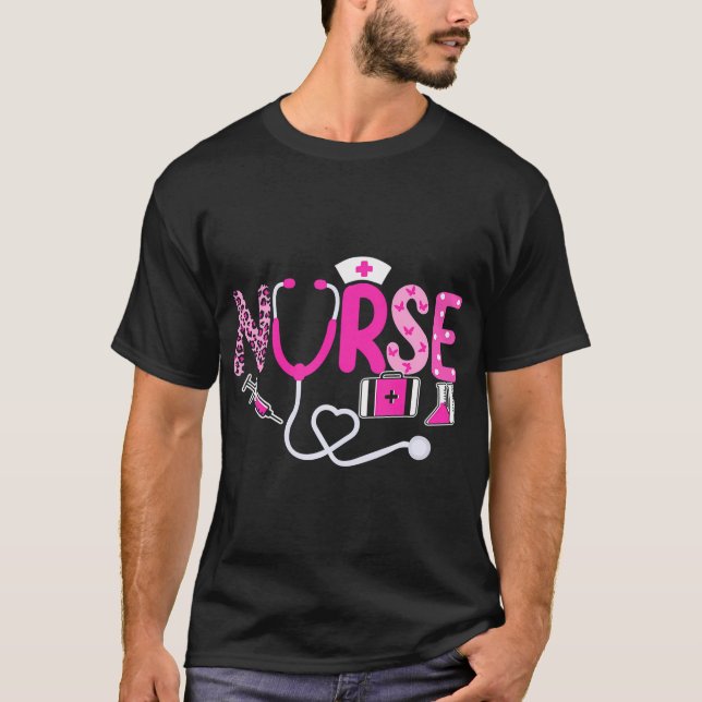 Breast Cancer Awareness Nurse Pink Ribbon T-Shirt (Front)