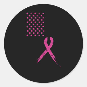 Breast Cancer Awareness Pink Ribbon American Flag Classic Round Sticker