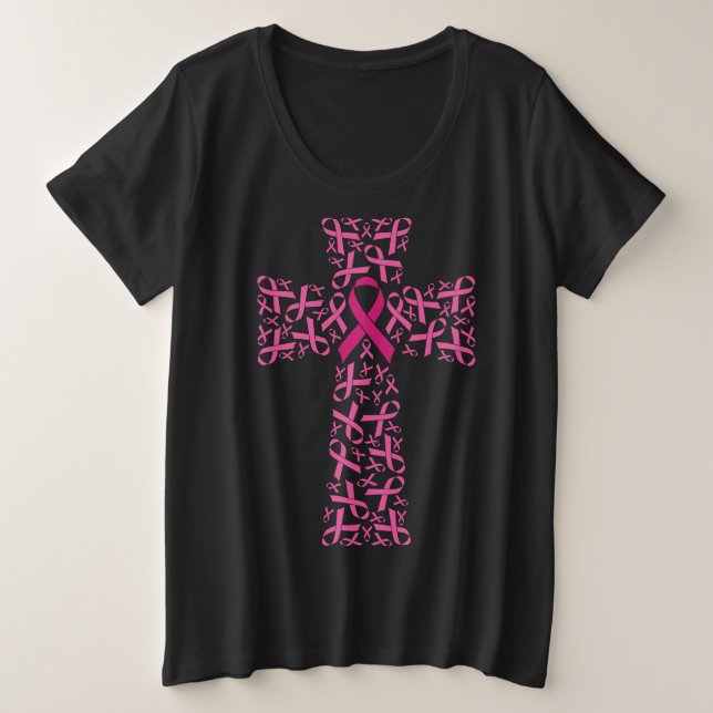 Breast Cancer Awareness Pink Ribbon Cross Plus Size T-Shirt (Design Front)