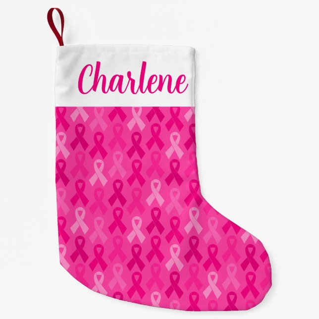 Breast Cancer Awareness Pink Ribbon Pattern Small Christmas Stocking (Front)