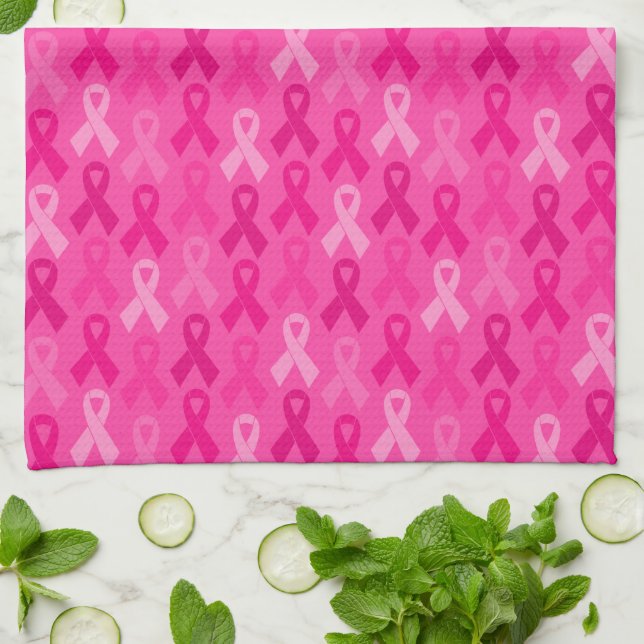 Breast Cancer Awareness Pink Ribbon Pattern Tea Towel (Folded)