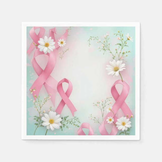 Breast Cancer Awareness Pink Ribbons and Daisies Napkin (Front)