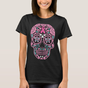 Breast Cancer Awareness Pink Sugar Skull Ribbon T-Shirt