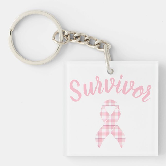 Breast Cancer Awareness Plaid Pink Ribbon Survivor Key Ring (Front)