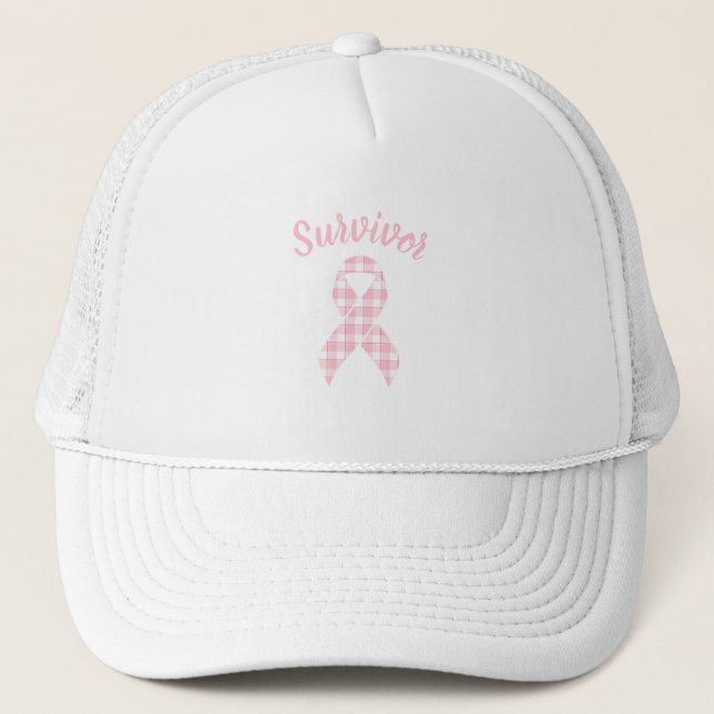 Breast Cancer Awareness Plaid Pink Ribbon Survivor Trucker Hat (Front)