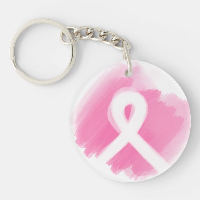 Breast Cancer Awareness Ribbon Watercolor Key Ring (Front)