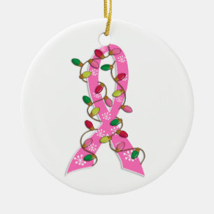 Breast Cancer Christmas Lights Ribbon Ceramic Tree Decoration