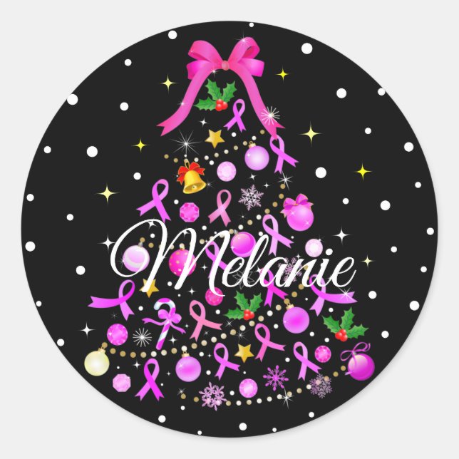Breast Cancer Christmas Tree Classic Round Sticker (Front)