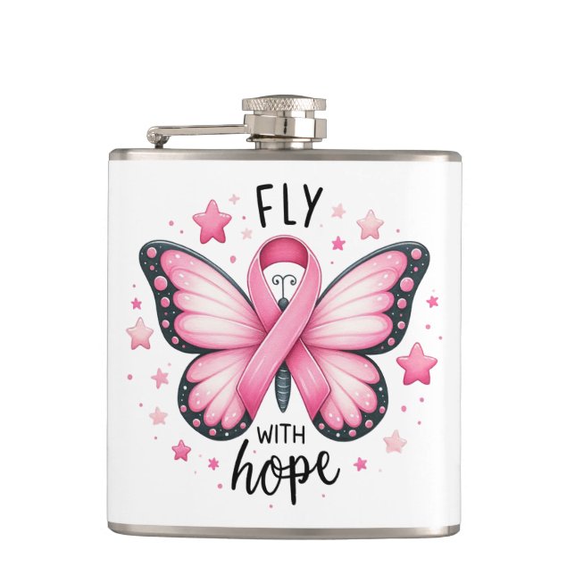 Breast Cancer Fighter Pink Ribbon Butterfly  Hip Flask (Front)