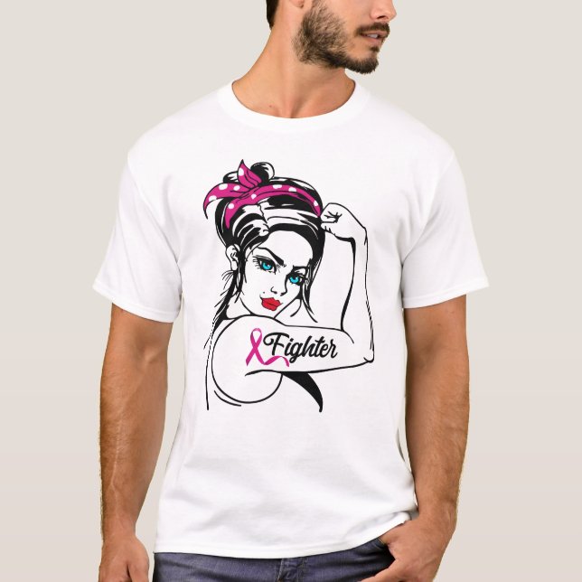 Breast Cancer Fighter Rosie The Riveter Pink T-Shirt (Front)