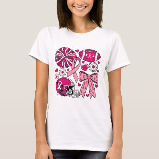 Breast Cancer Football Pink Out Pom Pom Helmet Rib T-Shirt