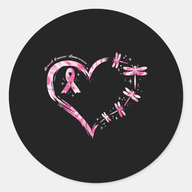 Breast Cancer Heart Dragonflies Awareness Women Ki Classic Round Sticker (Front)