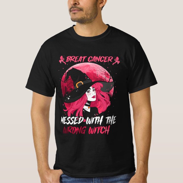 Breast Cancer Messed With The Wrong Pink Witch Hat T-Shirt (Front)