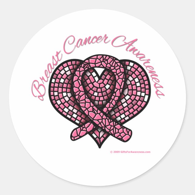 Breast Cancer Mosaic Heart Ribbon Classic Round Sticker (Front)