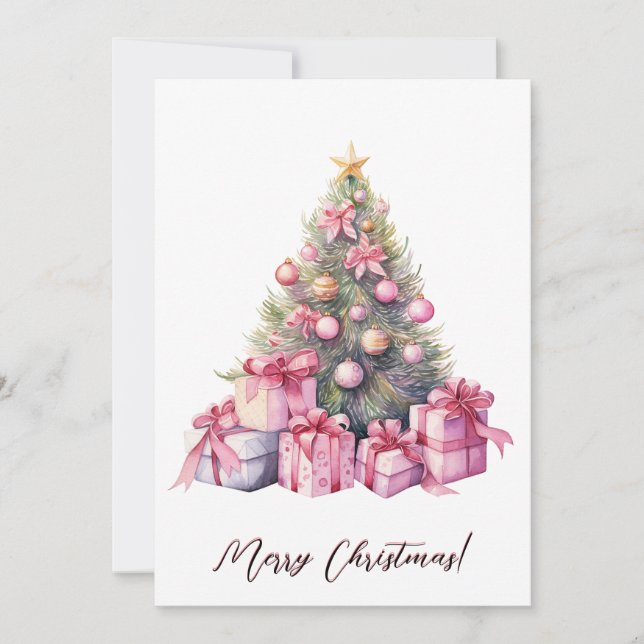 Breast Cancer Pink Christmas Tree Watercolor Art Holiday Card (Front)