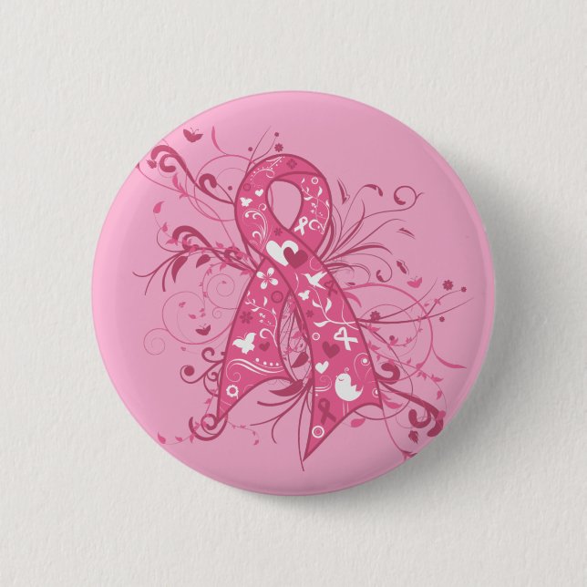 Breast Cancer Pink Floral Ribbon Swirl 6 Cm Round Badge (Front)
