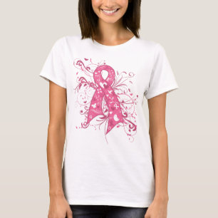 Breast Cancer Pink Floral Ribbon Swirl T-Shirt