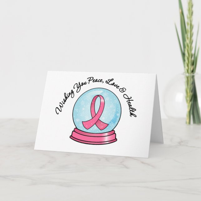 Breast Cancer Ribbon Merry Christmas Snowglobe Holiday Card (Front)