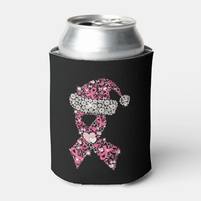 Breast Cancer Ribbon Shape Christmas Santa Ribbon Can Cooler (Can Front)
