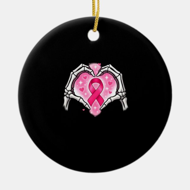 Breast Cancer Skeleton Hand Heart Sign Ribbon Awar Ceramic Tree Decoration (Front)