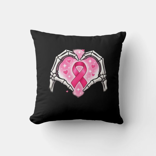 Breast Cancer Skeleton Hand Heart Sign Ribbon Awar Cushion (Front)