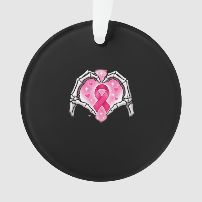Breast Cancer Skeleton Hand Heart Sign Ribbon Awar Ornament (Front)