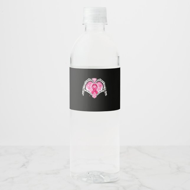 Breast Cancer Skeleton Hand Heart Sign Ribbon Awar Water Bottle Label (Front)