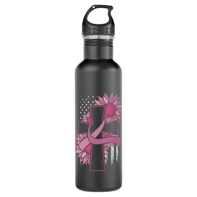 Breast Cancer Sunflower Pink Ribbon Cross Faith 710 Ml Water Bottle (Front)
