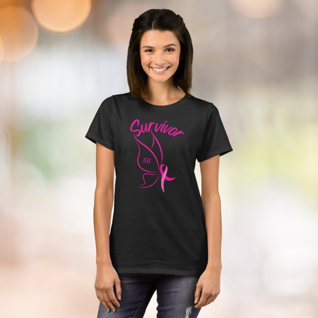 Breast Cancer Survivor Name Monogram Butterfly T-Shirt (Creator Uploaded)