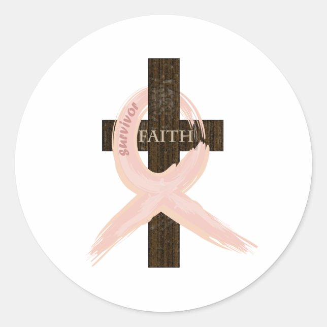 Breast Cancer Survivor Pink Ribbon-Cross of Faith Classic Round Sticker (Front)