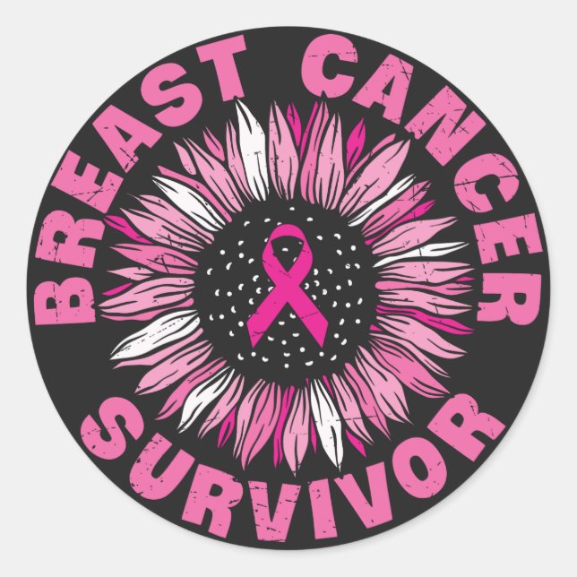 Breast Cancer Survivor Pink Ribbon Sunflower Classic Round Sticker (Front)