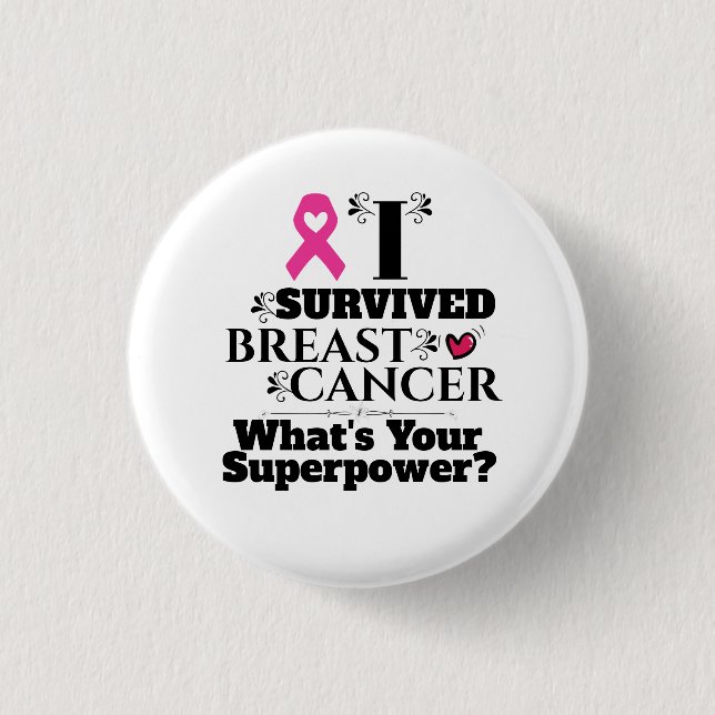 Breast cancer survivor pink ribbon superpower 3 cm round badge (Front)