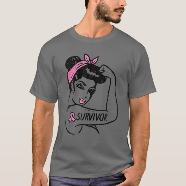 Breast Cancer Survivor Rosie Riveter Pink Awarenes T-Shirt (Front)