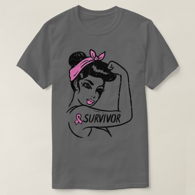 Breast Cancer Survivor Rosie Riveter Pink Ribbon U T-Shirt (Design Front)