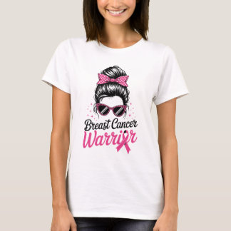 Breast Cancer Warrior Messy Bun Pink Ribbon T-Shirt
