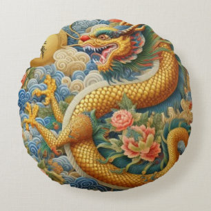 Breathe Fire Chinoiserie Dragon Gold Round Cushion
