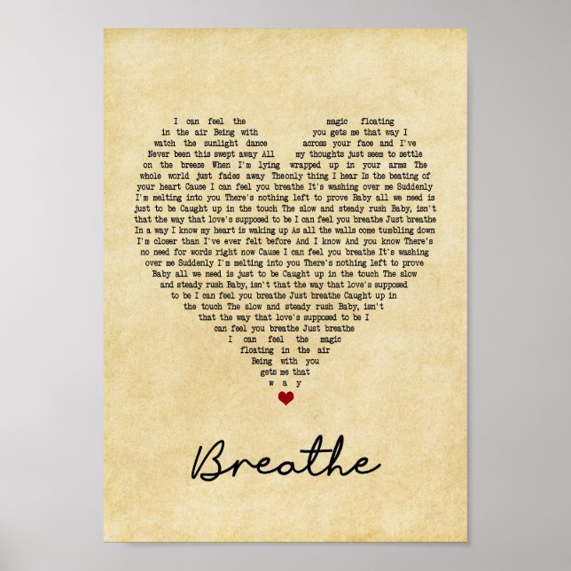 Breathe Vintage Heart Song Lyric Wall Art Print (Front)