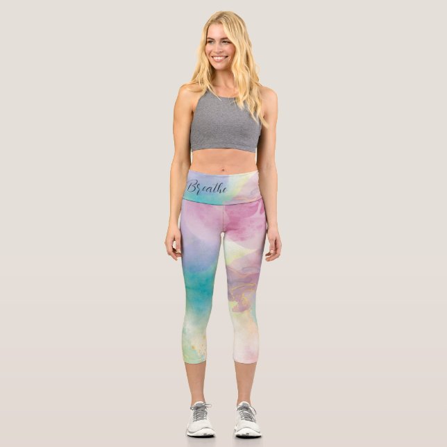“Breathe” Watercolor Yoga Leggings (Front)