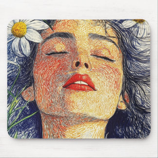 Breathe With Daisies Graphic Nature Portrait Woman Mouse Pad