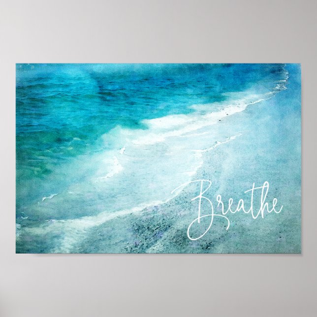 Breathe Yoga Quote Retro Beach Teal Blue Ocean Poster (Front)