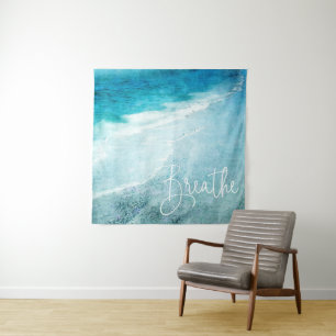 Breathe Yoga Quote Retro Beach Teal Blue Ocean Tapestry