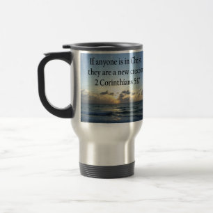 BREATHTAKING 2 CORINTHIANS 5:17 OCEAN SUNRISE TRAVEL MUG