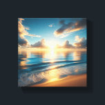 Breathtaking Golden Sunset over Calm Blue Ocean  Canvas Print<br><div class="desc">A stunning digital painting capturing the intense beauty of a coastal sunset. The sun sits low on the horizon, casting a brilliant golden glow over deep blue waves and reflecting perfectly on the wet sand. Dramatic, sun-lit clouds scatter across a vibrant sky, creating a majestic and inspiring atmosphere. Ideal for...</div>