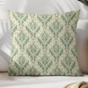 Breen and Beige Vintage Botanical Flowers Pattern Cushion
