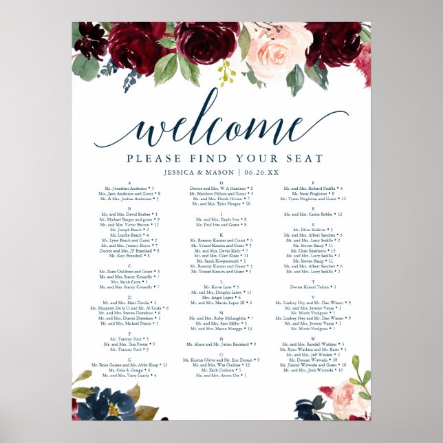 Breezy Burgundy Navy Wedding Seating Chart (Front)