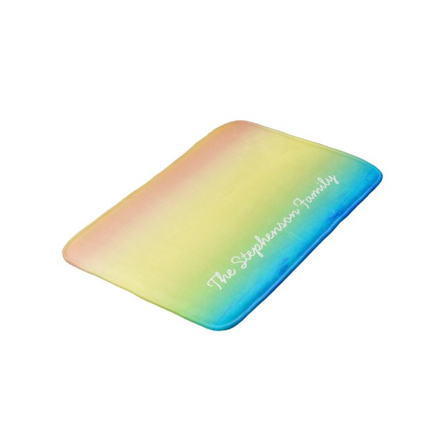 Breezy Cool Blue to Yellow Gradient and White Text Bath Mat (Angled)